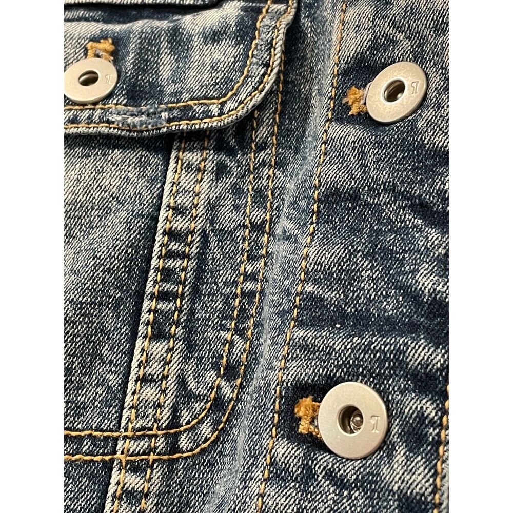 ~ Pilcro Lg Jean Jacket Cropped Denim Anthropologie Blue Raw Edge Stretch Large - Picture 5 of 14